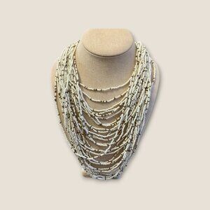 Multi-Strand Beaded Necklace With Adjustable 36-Inch Drop Boho Style White & Bro